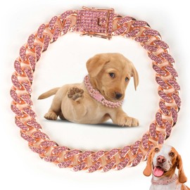 Dog Chain Collar Diamond Link Dog Collar Walking Dog Necklace Metal Cat Chain with Secure Buckle Pet Crystal Collar for Small Medium Large Dogs Cats (Pink, 14 Inch)