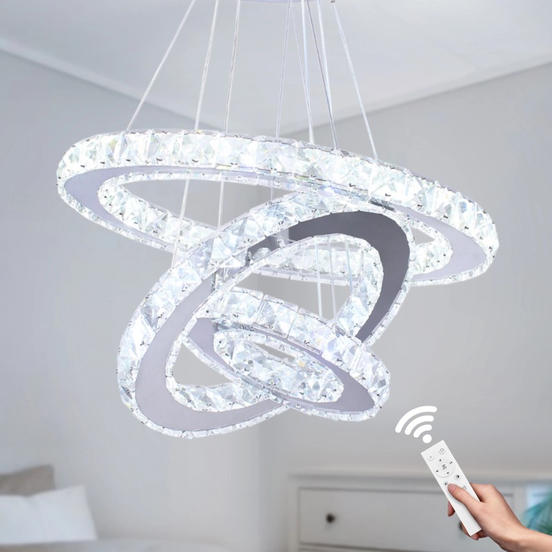 Dimmable LED K9 Crystal Chandelier 3-Ring Pendant Light with Remote