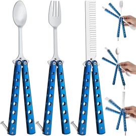 Eaasty 3 Pieces Butterfly Comb, Butterfly Fork and Spoon Set, Tactical Stainless Steel Folding Butterfly Spoon for Camping Hunting Travel Outdoor(Blue)