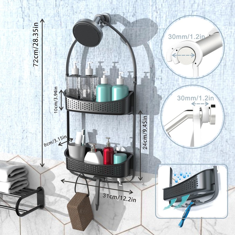 EMT ETRENDS Shower Caddy Hanging, Anti-Swing Shower basket over showerhead