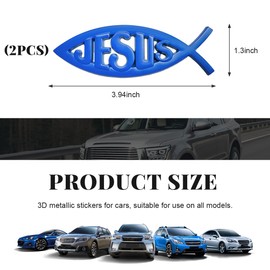 DXNQ 2PCS Jesus Fish Decal Sticker, 3D Car Decal Jesus Christian Fish Symbol Chrome Emblem, Faith Fish Stickers Religious Metal Badge Auto Decor for Truck Motorcycle Fridge (Blue)