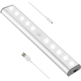 Stick-on Anywhere Portable Little Light Wireless LED Under Cabinet Lights 10-LED Motion Sensor Activated Night Light Build In Rechargeable Battery Magnetic Tape Lights for Closet, Cabinet (Silver1)