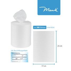 Mank GmbH Cleaning Cloths M-Wipes Made of Spunlace White Fleece Roll Non-Woven Cloths Wipes 17 x 25 cm Approx. 200 Tears 1 Roll