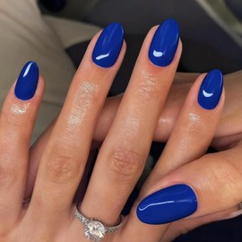 KQueenest Upgrade Thick Acrylic Press on Nails Short Oval, Royal Blue Fake Nails for Women Daily Wear, UV Cover Acrylic Nails Press on Short Almond, Natural Fit Reusable Glue on Nails in 24 Pcs