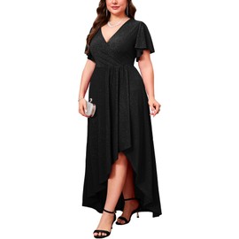 ZOMVA Plus Size 1X-4X Sparkly Glitter Formal Maxi A Line Dress Sparkle Wrap Ruffle Sleeve Prom Dresses Cocktail Evening Gown, Black, 2X