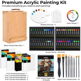 VISWIN Deluxe Acrylic Paint Kit with Tabletop Easel Box, 74 Pcs Painting Kit with 48 Acrylic Paint Set, Canvas, Brushes, Art Supplies for Adults, Artists, Beginners