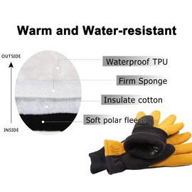 Winter Work Gloves Cold Proof Warm Ski Glove for Driving Cycling Hiking Snow Skiing - Deerskin Suede Leather Insulated Polar Fleece Waterproof Windproof Hand Warm for Men and Women Tan-Black Medium
