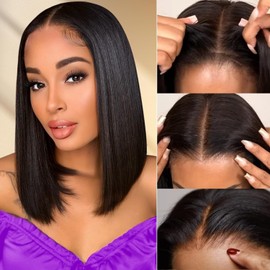 Eool Real Glueless Bob Human hair wig For Black Women,Straight 9X6 Human Hair Wig Pre Plucked Pre Cut,200% Density Wear And Go Real Glueless Wig Human Hair Can be dyed and Bleached 14 Inch