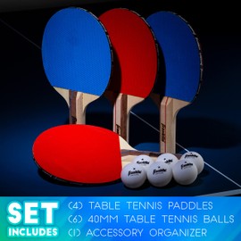 Franklin Sports Ping Pong Paddle Set with Balls - 4 Player Table Tennis Kit - (4) Ping Pong Paddles + (6) Balls - Red + Blue Table Tennis Rackets - Full Starter Kit
