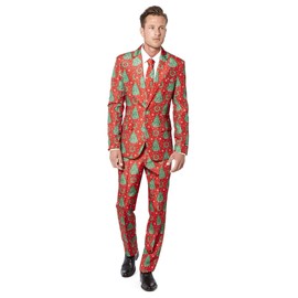 Suitmeister Christmas Suits for Men in Different Prints ,Ugly Xmas Sweater Costumes Include Jacket Pants & Tie,Large,Christmas Trees