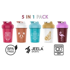 JEELA SPORTS [5 PACK Protein Shaker Bottles for Protein Mixes | Extra Mixing Grid | 20 oz Blender Shaker Cup with Measurement Marks on Side | BPA Free, Leak Proof, Dishwasher Safe
