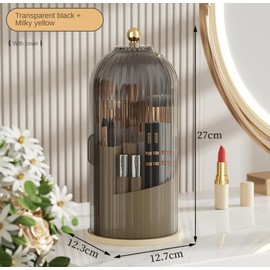 Fsawdnn Rotating Makeup Brush Holder Organizer with Lid，Large Capacity, Fits All Brush Sizes，360° Rotating Dustproof & Waterproof Makeup Brushes Organizer for Vanity and Bathroom (Milk Yellow/Black)