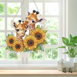 BOWETILE Giraffe Hanging Diamond Art Painting Kits for Adults Beginners, 5D Special Shape Sunflower Diamond Art Pendent Kits, Crystal Rhinestones Diamond Gem Art Painting for Home Garden Wall Decor