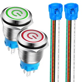 Gebildet 2 Pieces 19 mm Stainless Steel Latching Push Button Switch 12V-24V 5A Power Symbol LED 1NO1NC SPDT ON Off Waterproof Non-Momentary Toggle Switch with Socket Plug (Red + Green LED)