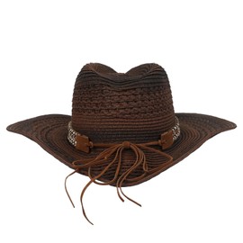 TINAYAUE Men Women Cowboy Cowgirl Hat Retro Brown Western Straw Hats Hollow Jazz Sun Hat Outdoor Breathable Fancy Dress Cap