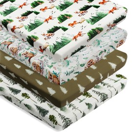 Jola's House 4 Pack N Play Sheets Woodland Forest Animals Wood Neutral Unisex Fitted Baby N Play Sheets Fitted for Standard Pack and Plays and Mini Cribs Set for Baby Boys or Girls (Paint Fox)