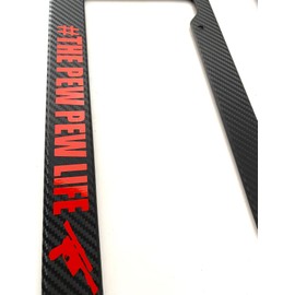 Pew Pew Pew Hashtag Life - Carbon Fiber with Red - Automotive License Plate Frame - Boosted Turbo Style Loading Boost
