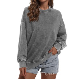 BINTEHGS Crewneck Oversized Sweatshirt for Women Loose Fit Long Sleeve Shirts Vintage Acid Wash Tshirt Basic Solid Color Tee (Gray,XL,X-Large)