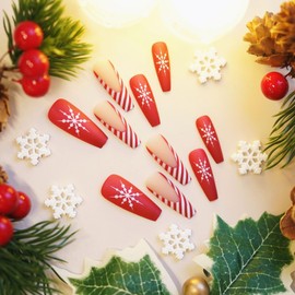 Christmas Press on Nails Long Coffin Fake Nails with Red White Swirl Design Snowflake Glue on Nails Red French tips Stick on Nails Winter Xmas False Nails for Women Girls Holiday Manicure 24PCS