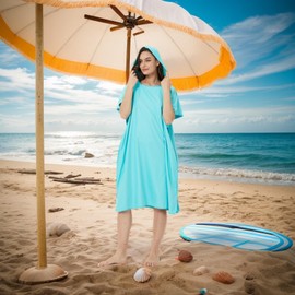 TOPTHEROAD Bata de Baño para Mujer y Hombre, Poncho de Natacion con Capucha de Microfibra, Poncho de Secado Rápido Toalla para Cambiarse para Playa Natación, Surf (Azul)