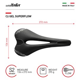 Selle Italia - C2 Gel Flow, Soft Gel Bicycle Saddle with a Wide Seat with Anti-Vibration Technology and a Manganese Rail, Water Resistant - Black - S2