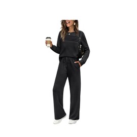 WIHOLL Two Piece Outfits for Women Fall Travel Airport Long Sleeve Tracksuit 2 Pc Lounge Sets Wide Leg Women's 2025 Winter Loungewear Casual Black L