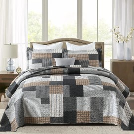 Y-PLWOMEN Quilt King Size - 3 Piece Cotton Quilts Lightweight Bedspreads Farmhouse Plaid King Size Quilt Cozy Reversible Quilt Bedding Set All Season, Grey Black Brown White