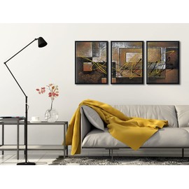 Pyradecor Black Framed Modern 3 Piece Canvas Prints Abstract Brown Landscapes Pictures Paintings on Canvas Wall Art Work for Living Room Bedroom Kitchen Home Decorations