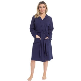 Daisy Dreamer Women's Hooded Waffle Cotton Bathrobe Dressing Gown Super Absorbent Spa Robes Ideal for Home & Loungewear, Navy Medium