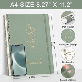 EMSHOI Spiral Notebook College Ruled, A4 Large Hardcover Leather, 110 Numbered Pages, 100 GSM Lined Journal for Women Men School Work Writing Journaling Note Taking, 8.27" x 11.2", Light Green