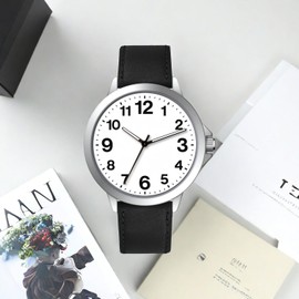 NUOVO Men's Watch Black Leather Strap Silver Case White Dial Easy to Read Analogue Quartz Watch Arabic Numerals Classic Waterproof, White, Classic