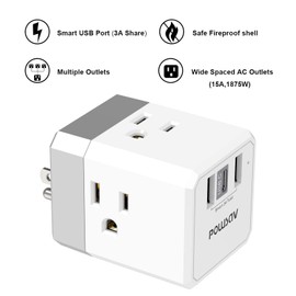 Cruise Ship Essentials, 3-Side Outlet Splitter with 3 USB Ports(1 USB C) USB Wall Charger, Outlet Extender for Home, Office and Cruise, ETL Listed, White