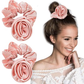 Pink Rose Hair Scrunchies for Women Satin Hair Ties,Flower Hair Accessories Gentle No Pull Elastic,Floral Hair Accessories for Wedding Bridal, Everyday Ponytail Holder (pink)