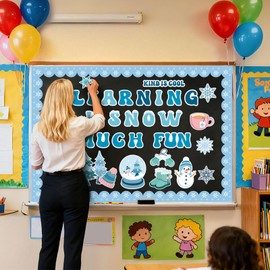 Mosailles 66PCS Winter Bulletin Board Kit Snowflakes Boarders Snowman Cutouts Learning is Snow Much Fun Decoration Set Gloves Hat Hot Coco Boots Cedars Wall Decor for Classroom School Office