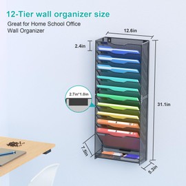 VEESUN 12 Tier Wall File Organizer, Mesh Letter Magazine Mail Wall File Holder Rack Hanging File Organizer With Flat Tray For Office Home, Black
