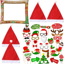 BDSHUNBF 37PCS Christmas Photo Booth Props, Christmas Party Photo Booth, Christmas Inflatable Selfie Photo Frame, Xmas Santa Hat DIY Dress-up Party Decorations Photography Selfie Props Set