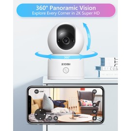 ZOSI 2 Pack 360° View 2K Pan/Tilt Smart Security Camera for Baby&Pet, Plug-in 5GHz/2.4GHz Indoor Security WiFi Camera, Supports One-Touch Calling, Two-Way Audio, AI Person Vehicle Detection