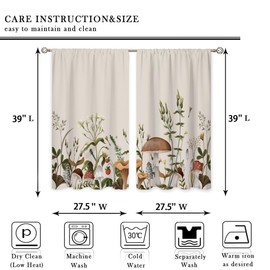 oolygoo Vintage Mushroom Small Kitchen Curtains Leaves Botanical Window Treatment Rustic Mushroom Cafe Short Window Curtains for Bathroom Dining Laundry Room Beige Tier Treatment Drapes 27.5x39 inch