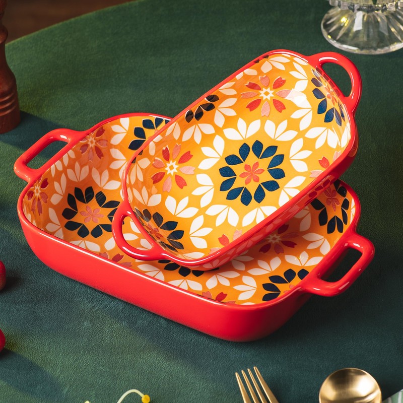 ONCCI Ceramic Baking Dish Set, 2-Piece Hand-painted Porcelain Rectangular Bakware