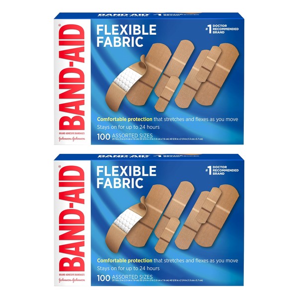 Band-Aid Brand Flexible Fabric Adhesive Bandages for Comfortable Flexible Protection & Wound Care of Minor Cuts, Scrapes, & Wounds, Assorted Sizes, Twin Pack, 2 x 100 ct