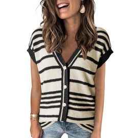 Dokotoo Striped V Neck Button Sweater Vest for Women Trendy Spring Top 2025 Black Medium