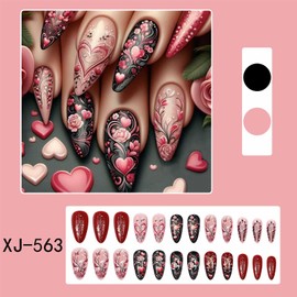 LBPEPAMZ 24Pcs Valentine's Day Press on Nails Medium Almond Fake Nails with Pink Heart Rose Designs Black Flower Romantic Acrylic Nails False Nails Full Cover Glossy Stick on Nails for Women Girls