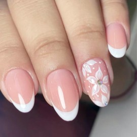 24Pcs White Flowers Press on Nails Short Almond Fake Nails Cute Flower False Nails with 3D Rhinestone Designs Full Cover Glue on Nails Summer Floral Acrylic Nails French Tip Stick on Nails for Women