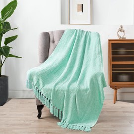 BYTIDE Chenille Knitted Throw Blankets with Fringe Tassels, Velvety Soft Textured Lightweight Afghan Mexican Decorative Throw Blankets for Couch Bed Sofa Chair Outdoor (Seafoam Green 50 x 60 in)
