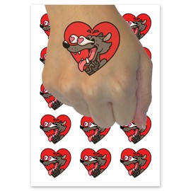 Enamored Infatuated Cartoon Wolf Heart Popping Eyes Temporary Tattoo Water Resistant Fake Body Art Set Collection - 15 2" Tattoos (1 Sheet)