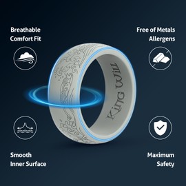 King Will Silicone Rings for Men - Breathable Wedding Bands Mens 8mm Wide Rubber Engagement Bands, Waves Etched Unique Design, Comfort Fit Ring - Grey Size 12