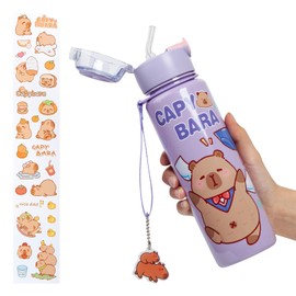 Kawaii Water Bottle Cute Capybara Water Bottle with Straw, Portable Leakproof BPA-Free Drinking Bottle for Boys Girls School Outdoor, Travel, Camping, LeakProof, 24 oz (Purple)