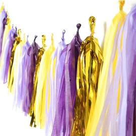 Purple Gold Yellow Tissue Tassel Garland Streamers Banner Rapunzel Tangled Theme Party Supplies for Birthday Graduation Wedding Baby Shower Photo Backdrop Décor, 20-Pack