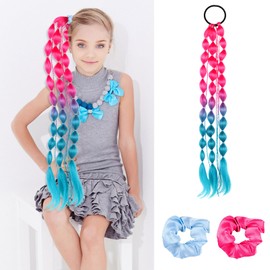 Colored Hair Extensions, 20" Lightweight Bubble Ponytail Extensions for Kids with 2 Silk Satin Hair scrunchies, Crazy Hair Day Accessories for Girl Women Kids Favor Gift (Dark Pink to Blue)