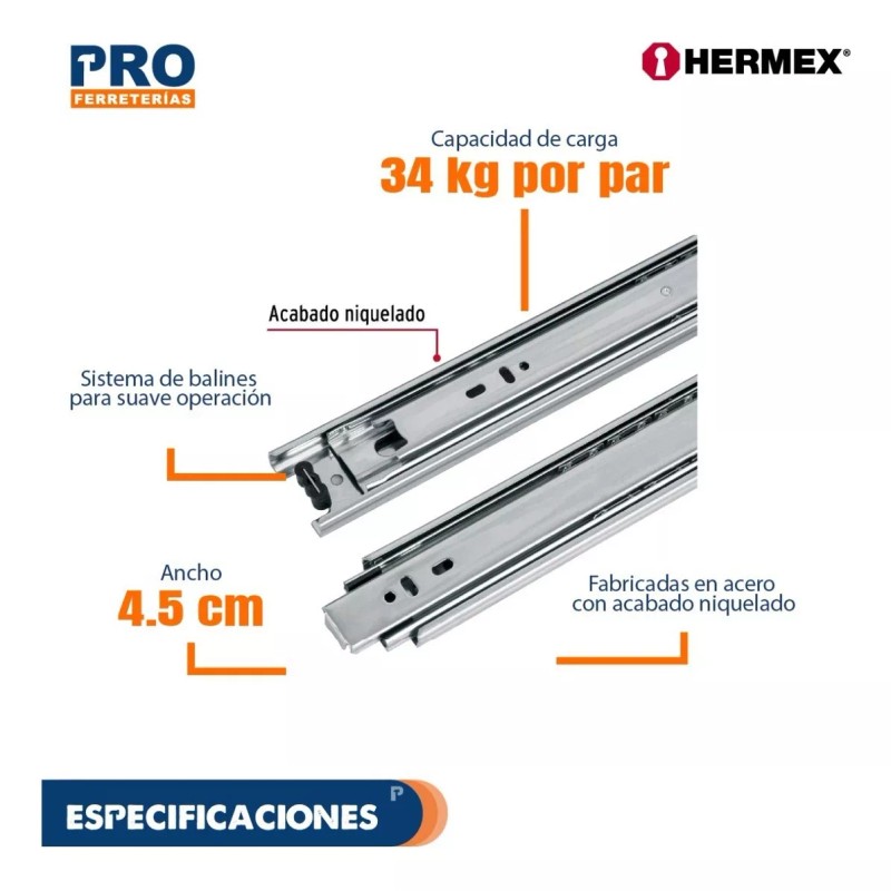 Hermex Corredera De Extensión Total 45mm, Para Cajón, 45cm 43273